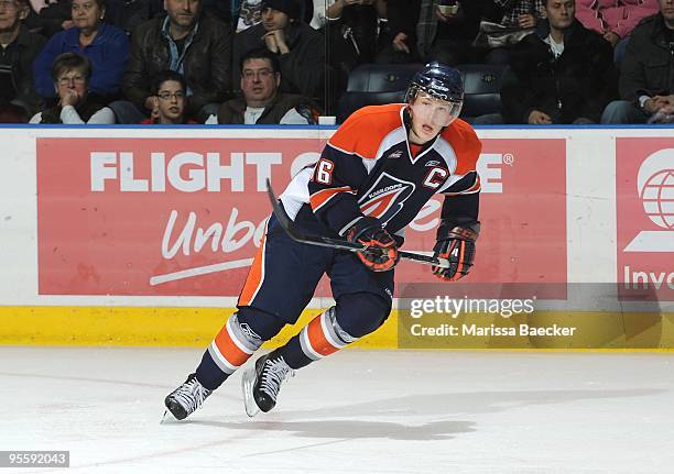 Tyler Shattock of the Kamloops Blazers skates against the Kelowna Rockets at Prospera Place on December 30, 2009 in Kelowna, Canada. Shattock is a...