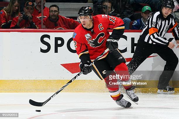 Jarome Iginla of the Calgary Flames skates against the Vancouver Canucks on December 27, 2009 at Pengrowth Saddledome in Calgary, Alberta, Canada....