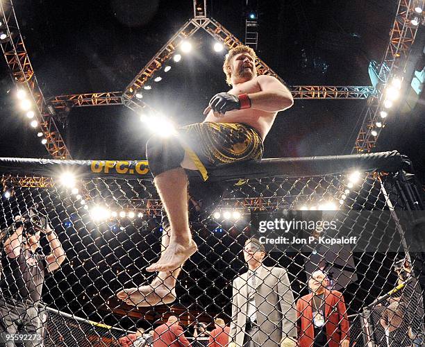 Fighter Roy Nelson celebrates after knocking out UFC fighter Brendan Schaub during their Heavyweight Finale fight at The Ultimate Fighter Season 10...