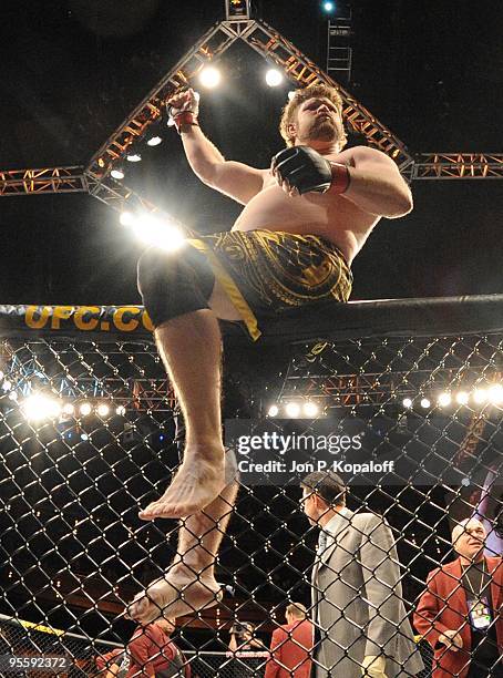 Fighter Roy Nelson celebrates after knocking out UFC fighter Brendan Schaub during their Heavyweight Finale fight at The Ultimate Fighter Season 10...