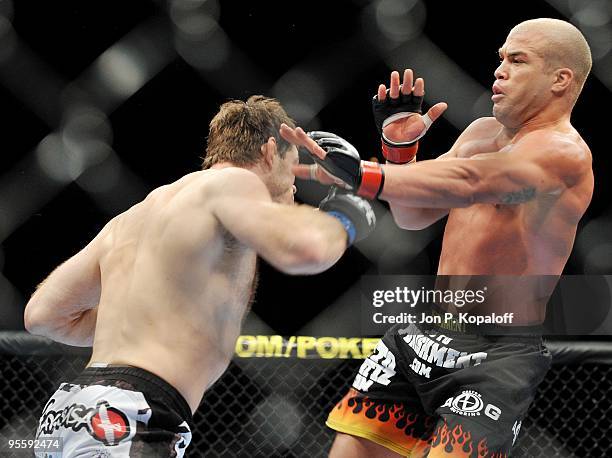 Fighter Tito Ortiz battles Forrest Griffin during their Light Heavyweight Fight at UFC 106: Ortiz vs. Griffin 2 at Mandalay Bay Events Center on...