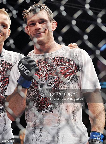 Fighter Forrest Griffin celebrates beating UFC fighter Tito Ortiz during their Light Heavyweight Fight at UFC 106: Ortiz vs. Griffin 2 at Mandalay...