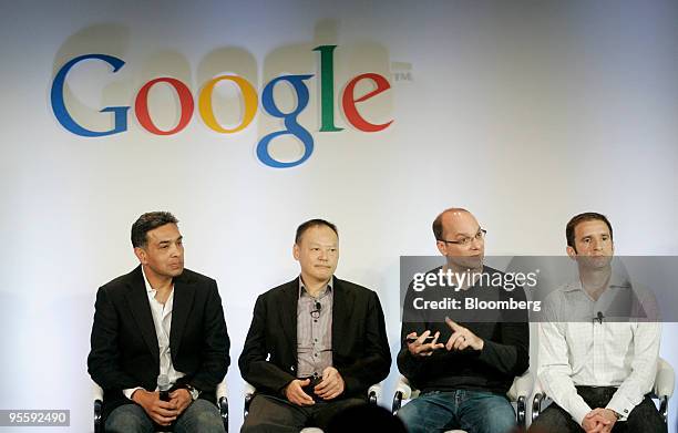 Dr Sanjay Jha, co-chief executive officer of Motorola Inc., from left, Peter Chou, chief executive officer of HTC Corp., Andy Rubin, vice president...