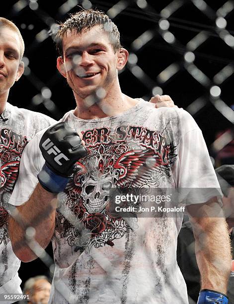 Fighter Forrest Griffin celebrates beating UFC fighter Tito Ortiz during their Light Heavyweight Fight at UFC 106: Ortiz vs. Griffin 2 at Mandalay...