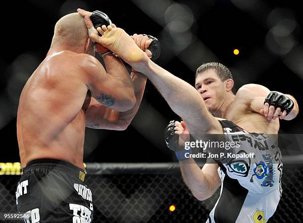 Fighter Tito Ortiz battles Forrest Griffin during their Light Heavyweight Fight at UFC 106: Ortiz vs. Griffin 2 at Mandalay Bay Events Center on...