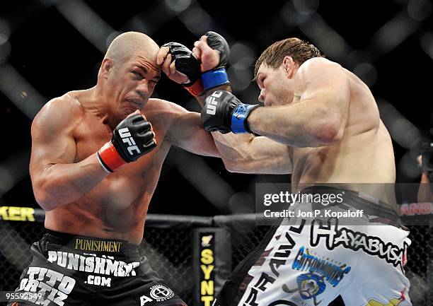 Fighter Tito Ortiz battles Forrest Griffin during their Light Heavyweight Fight at UFC 106: Ortiz vs. Griffin 2 at Mandalay Bay Events Center on...