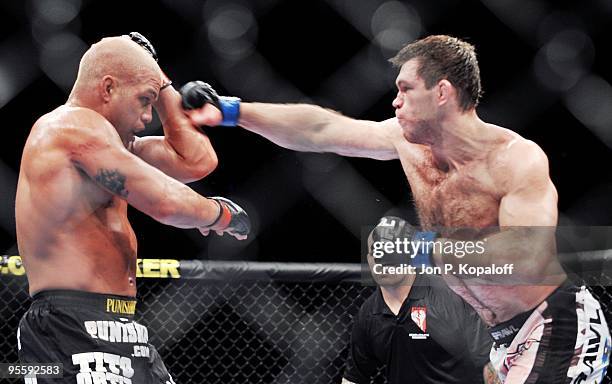 Fighter Tito Ortiz battles Forrest Griffin during their Light Heavyweight Fight at UFC 106: Ortiz vs. Griffin 2 at Mandalay Bay Events Center on...