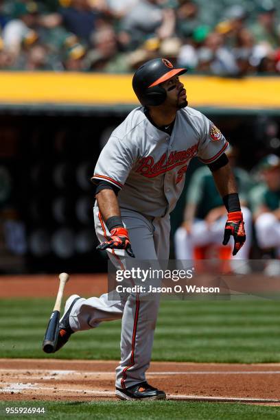 Pedro Alvarez of the Baltimore Orioles hits a home run against the Oakland Athletics during the second inning at the Oakland Coliseum on May 6, 2018...