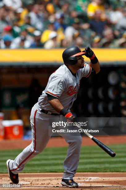 Pedro Alvarez of the Baltimore Orioles hits a home run against the Oakland Athletics during the second inning at the Oakland Coliseum on May 6, 2018...