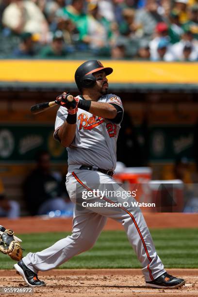 Pedro Alvarez of the Baltimore Orioles hits a home run against the Oakland Athletics during the second inning at the Oakland Coliseum on May 6, 2018...