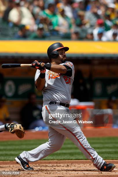 Pedro Alvarez of the Baltimore Orioles hits a home run against the Oakland Athletics during the second inning at the Oakland Coliseum on May 6, 2018...