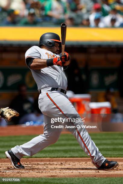 Pedro Alvarez of the Baltimore Orioles hits a home run against the Oakland Athletics during the second inning at the Oakland Coliseum on May 6, 2018...