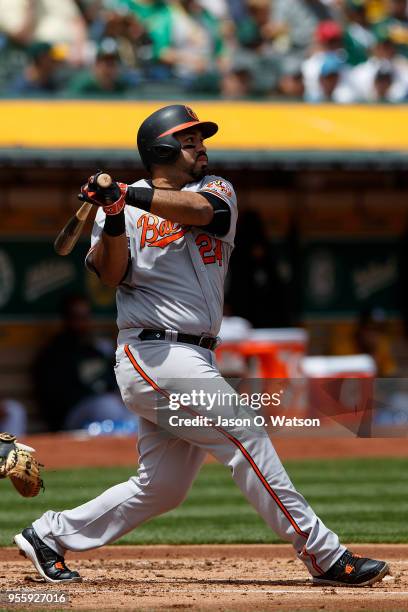 Pedro Alvarez of the Baltimore Orioles hits a home run against the Oakland Athletics during the second inning at the Oakland Coliseum on May 6, 2018...