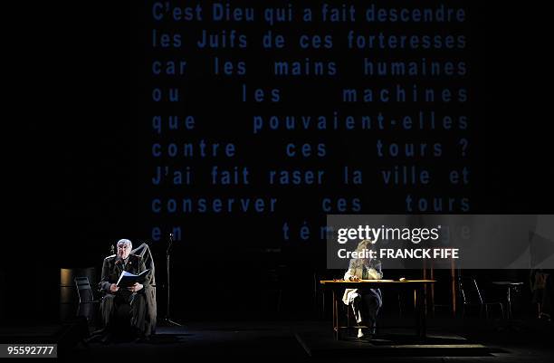 French actress Jeanne Moreau performs in a rehearsal of the play "La Guerre des Fils de Lumiere contre les fils des tenebres" an adaptation of "The...