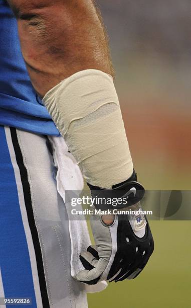 Detail view of the forearm and right hand of Dominic Raiola of the Detroit Lions during the game against the Chicago Bears at Ford Field on January...