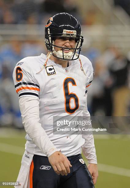 Jay Cutler of the Chicago Bears looks on against the Detroit Lions at Ford Field on January 3, 2010 in Detroit, Michigan. The Bears defeated the...