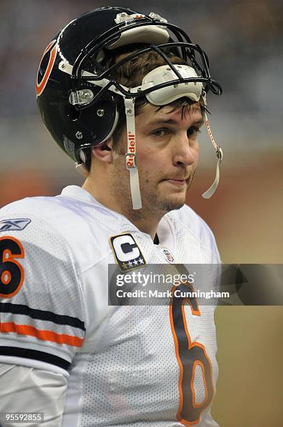 Jay Cutler of the Chicago Bears looks on against the Detroit Lions at Ford Field on January 3, 2010 in Detroit, Michigan. The Bears defeated the...