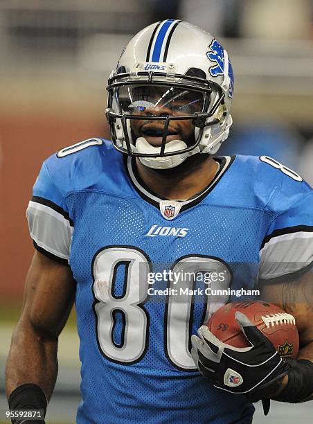 Bryant Johnson of the Detroit Lions looks on against the Chicago Bears at Ford Field on January 3, 2010 in Detroit, Michigan. The Bears defeated the...