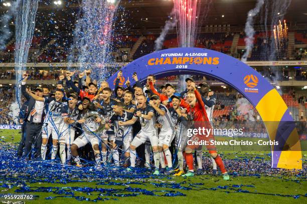 Victory players celebrate winning the 2018 A-League Grand Final match between the Newcastle Jets and the Melbourne Victory at McDonald Jones Stadium...