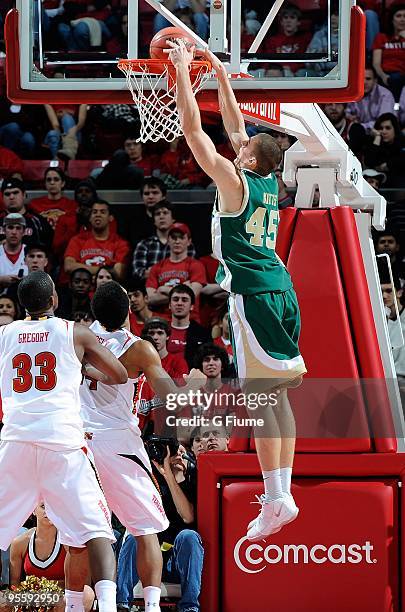 Marcus Kitts of the William and Mary Tribe dunks the ball against the Maryland Terrapins at the Comcast Center on December 30, 2009 in College Park,...