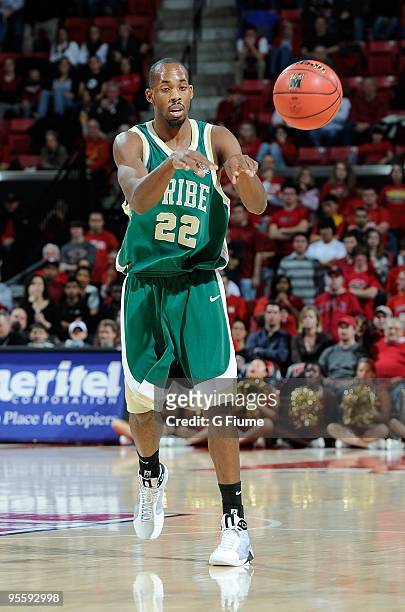 Danny Sumner of the William and Mary Tribe passes the ball against the Maryland Terrapins at the Comcast Center on December 30, 2009 in College Park,...