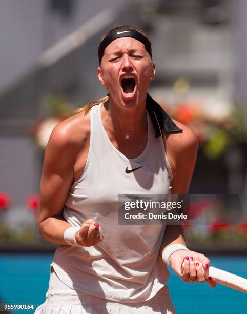 Petra Kvitova of Czech Republic celebrates after winning a point against Monica Puig of Puerto Rico in the 2nd Round during day four of the Mutua...