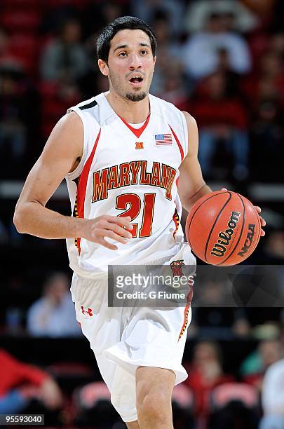 Greivis Vasquez of the Maryland Terrapins brings the ball up the court against the William and Mary Tribe at the Comcast Center on December 30, 2009...