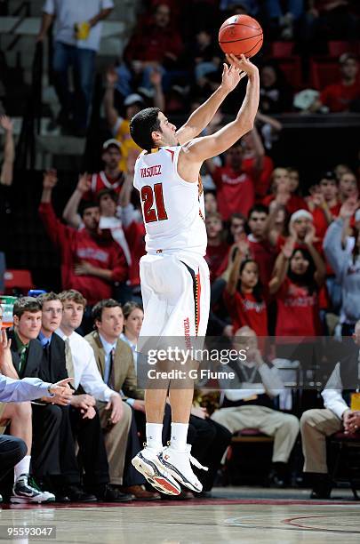 Greivis Vasquez of the Maryland Terrapins shoots a jump shot after scoring against the William and Mary Tribe at the Comcast Center on December 30,...