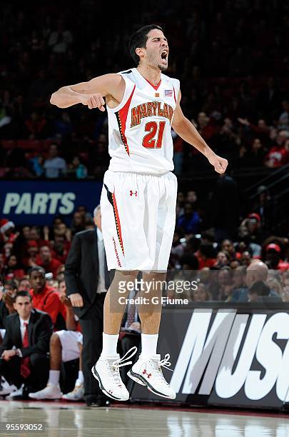 Greivis Vasquez of the Maryland Terrapins celebrates after scoring against the William and Mary Tribe at the Comcast Center on December 30, 2009 in...