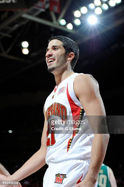 Greivis Vasquez of the Maryland Terrapins rests during a break in the game against the William and Mary Tribe at the Comcast Center on December 30,...