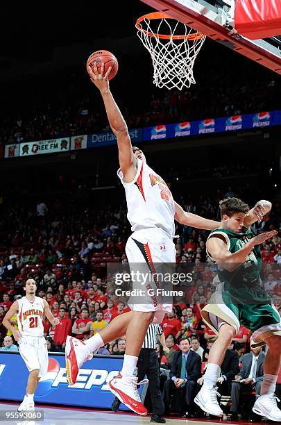 Jordan Williams of the Maryland Terrapins drives to the hoop against the William and Mary Tribe at the Comcast Center on December 30, 2009 in College...