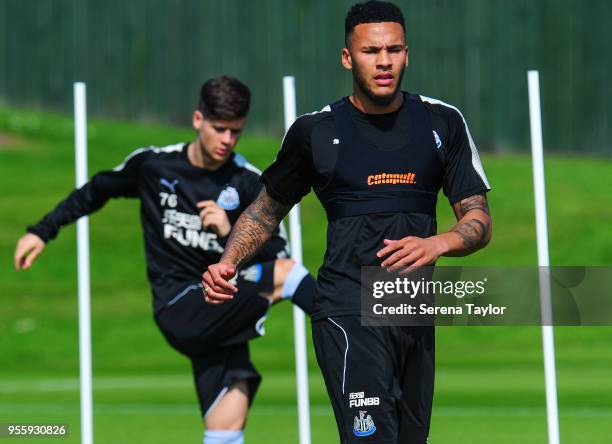 Jamaal Lascelles warms up during the Newcastle United Training Session at the Newcastle United Training Centre on May 8 in Newcastle upon Tyne,...