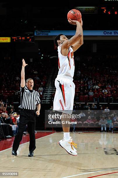 Sean Mosley of the Maryland Terrapins shoots a jump shot against the William and Mary Tribe at the Comcast Center on December 30, 2009 in College...