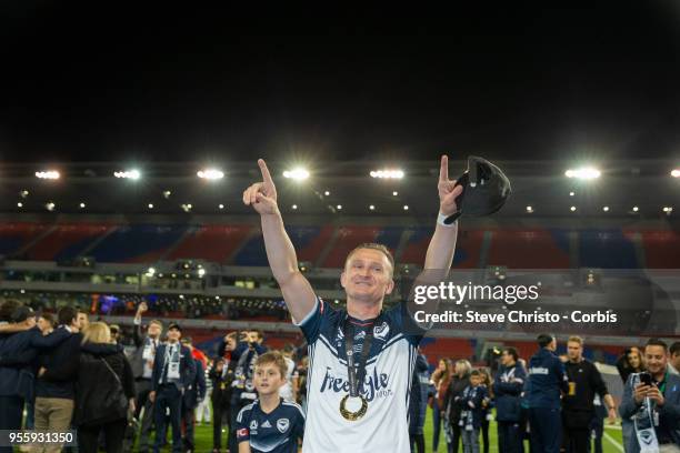 Besart Berisha of Melbourne Victory blows a kiss to fans after winning the 2018 A-League Grand Final match between the Newcastle Jets and the...