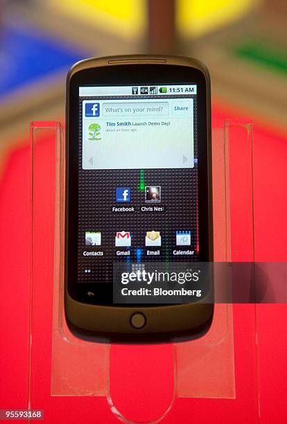 Google Inc. Nexus One touch-screen mobile phone sits on display for the media at Google headquarters in Mountain View, California, U.S., on Tuesday,...