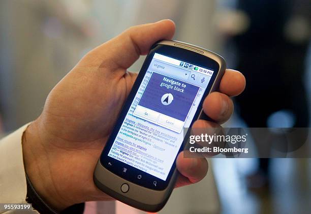Google Inc. Nexus One touch-screen mobile phone is displayed for the media at Google headquarters in Mountain View, California, U.S., on Tuesday,...