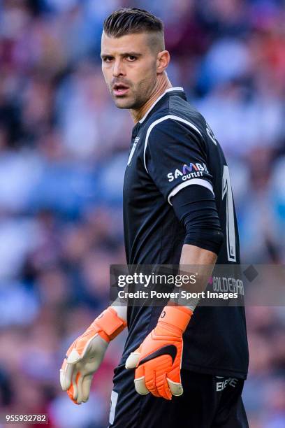 Goalkeeper Ivan Cuellar Sacristan of CD Leganes reacts during the La Liga 2017-18 match between Real Madrid and CD Leganes at Estadio Santiago...