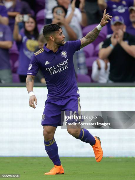 Dom Dwyer of Orlando City celebrates 1-1 during the match between Orlando City v Real Salt Lake on May 6, 2018