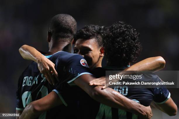 Edgar of Buriram United celebrates scoring his side's third goal with his team mates during the AFC Champions League Round of 16 first leg match...