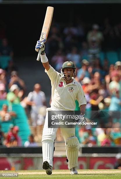 Michael Hussey of Australia celebrates scoring a century during day four of the Second Test between Australia and Pakistan at Sydney Cricket Ground...