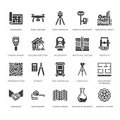 Geodetic survey engineering vector flat glyph icons. Geodesy equipment, tacheometer, theodolite. Geological research, building measurements. Construction signs. Solid silhouette pixel perfect 64x64