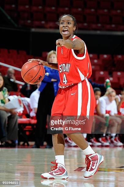 Misha Horsey of the Stony Brook Seawolves brings the ball up the court against the Maryland Terrapins at the Comcast Center on December 27, 2009 in...