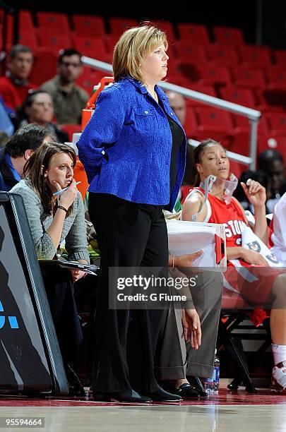 Head coach Michele Cherry of the Stony Brook Seawolves watches the game against the Maryland Terrapins at the Comcast Center on December 27, 2009 in...