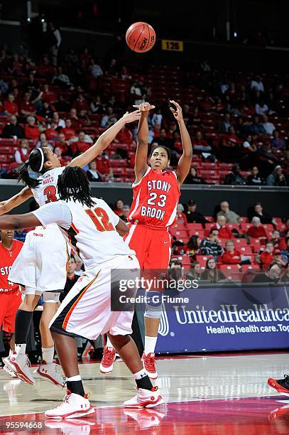 Crystal Rushin of the Stony Brook Seawolves shoots the ball against the Maryland Terrapins at the Comcast Center on December 27, 2009 in College...