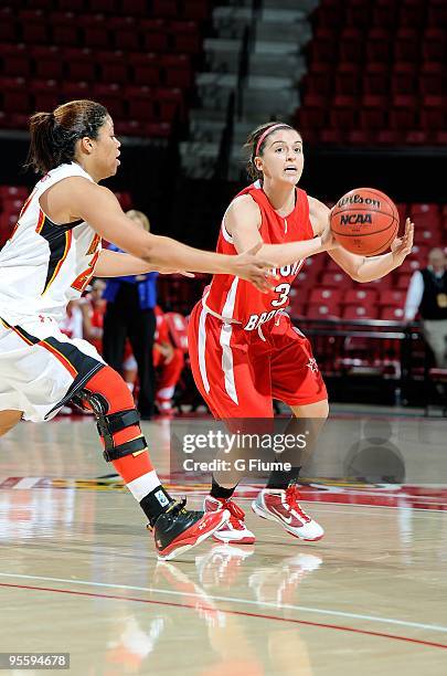 Amanda Corona of the Stony Brook Seawolves passes the ball against the Maryland Terrapins at the Comcast Center on December 27, 2009 in College Park,...