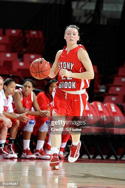 Sam Landers of the Stony Brook Seawolves handles the ball against the Maryland Terrapins at the Comcast Center on December 27, 2009 in College Park,...