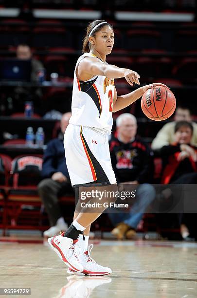 Dara Taylor of the Maryland Terrapins handles the ball against the Stony Brook Seawolves at the Comcast Center on December 27, 2009 in College Park,...