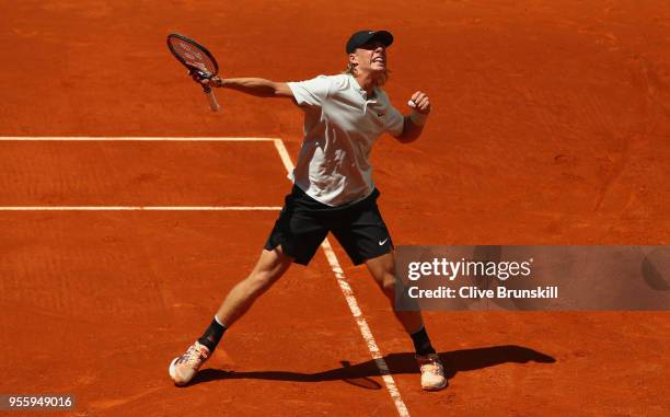 Denis Shapovalov of Canada celebrates a point against Benoit Paire of France in their second round match during day four of the Mutua Madrid Open...