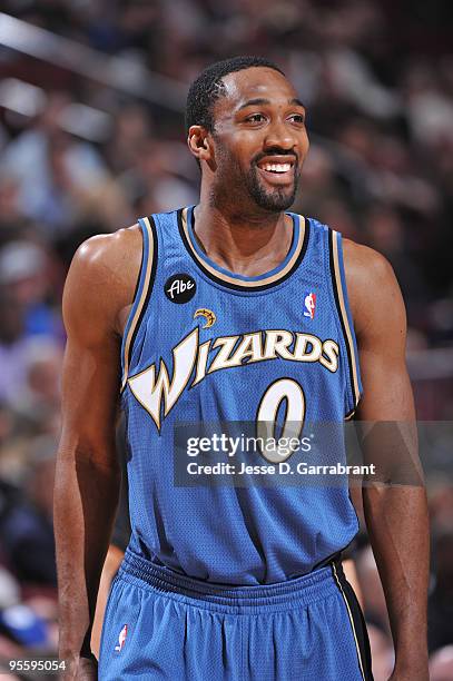 Gilbert Arenas of the Washington Wizards flashes a smile during the game against the Philadelphia 76ers on January 5, 2010 at the Wachovia Center in...