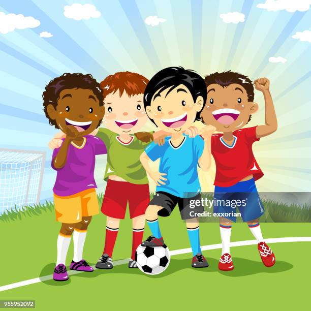 ilustraciones, imágenes clip art, dibujos animados e iconos de stock de grupo multiétnico de fútbol niños - competición por equipos